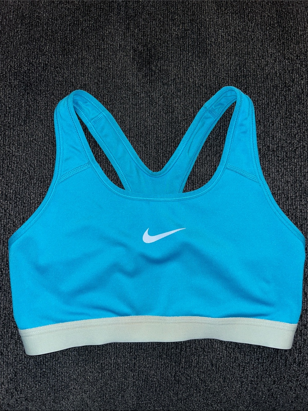 Nike Turquoise Racerback Sports Bra with White Swoosh and Cream Band